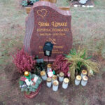 E078 in Indian red granite, custom-sized. Custom typeface, non-Latin characters, recessed gilded inscription.