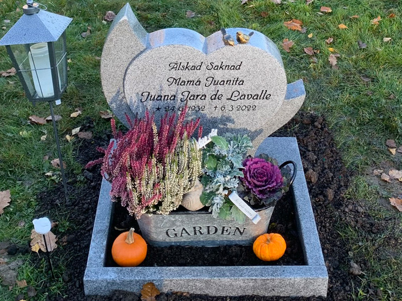 E080 in light grey granite, custom dimensions. Polished flower border, bronze sparrows, and recessed black-painted engraving.