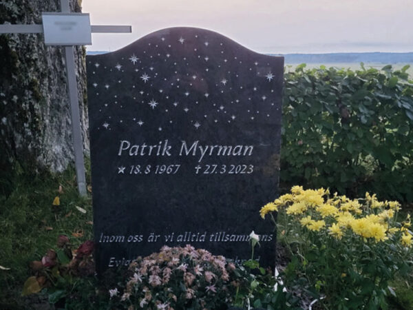 E009 in Indian blue-gray granite. Custom designed motif with recessed text painted silver.