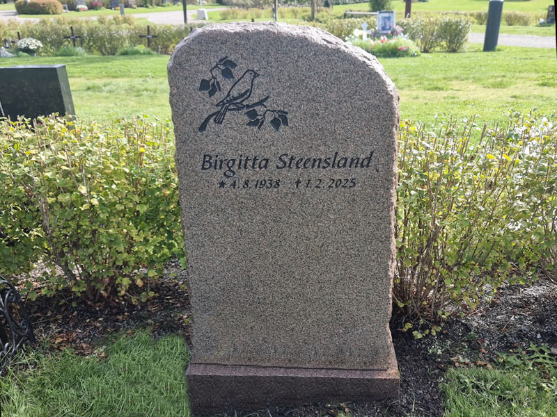 EN017 in fine-chiseled red Bohus granite. Custom dimensions, recessed black-painted text and decoration.