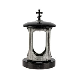 Lykta i aluminium och granit, rund silverfärgad, ortodoxt kors på toppen.