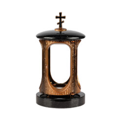 Lykta i aluminium och granit, rund bronsfärgad, ortodoxt kors på toppen.